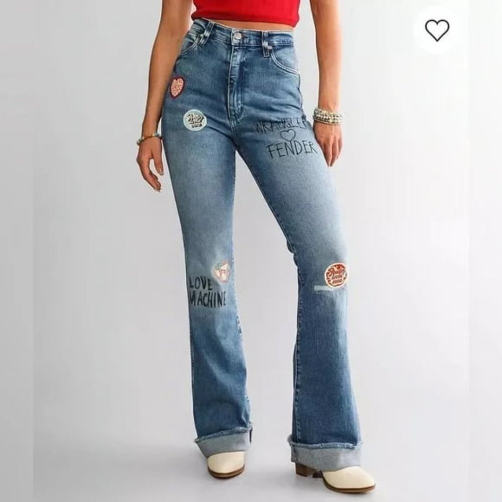 Wrangler Medium Blue Embroidered & Patch Flare Jeans